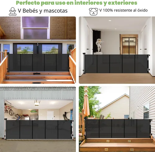 Miniatura 4 de Puerta retráctil reforzada de 96 pulgadas de ancho con varillas de apoyo, puerta retráctil extra larga para perros, puertas exteriores para Negro