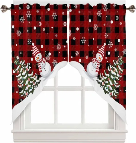 Miniatura 9 de BEMIGO Cortinas de cocina de Navidad, lindas cortinas de granja con muñeco de nieve azul, cenefa con bolsillo para barra de copos de nieve
