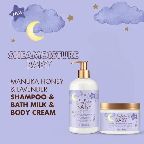 Miniatura 5 de SheaMoisture Baby Essentials, champú nocturno y leche de baño + acondicionador profundo, miel de manuka y lavanda, probado por pediatras