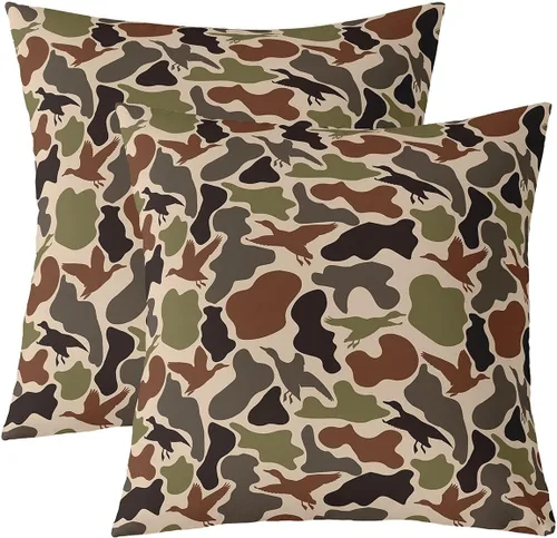 Duck Hunting Throw Pillow Covers Set of 2 Army Camo Pillow Cover for Kids Girls Boys Green Brown Camouflage Square Cushion Case 16"x 16" Rustic