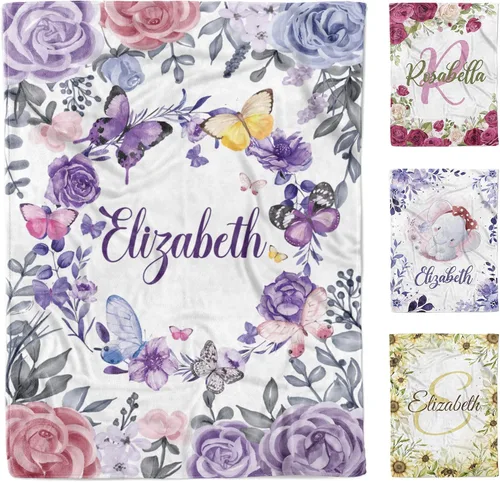 AVIClothes Manta de bebé niña personalizada, mantas personalizadas con diseño de mariposas y flores, manta de bebé con nombre para niña, 30 x 40