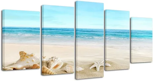 Pyradecor, paisaje de playa en 5 paneles, lienzo Giclee de paisaje marino, impreso en lienzo moderno, tensado y encuadrado, arte para pared,