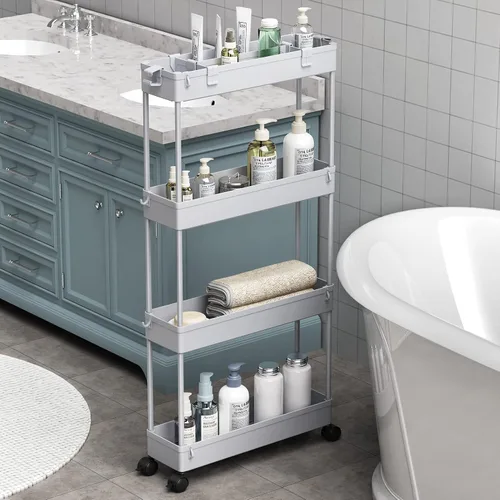 Miniatura 17 de SAKA - Carrito de almacenamiento delgado, carrito de almacenamiento rodante para el baño de 4 niveles, carrito organizador móvil de estanterías