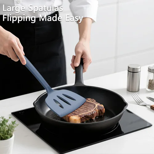 Miniatura 3 de Coukre Juego de 3 espátulas de silicona, resistentes a altas temperaturas, sin BPA, espátula para pescado, volteador sólido y con ranuras