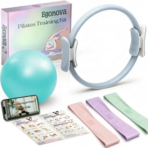 Juego de anillos de pilates: círculo mágico de 14 pulgadas con asas acolchadas dobles, mini bola de pilates y bandas de resistencia (15, 25, 35