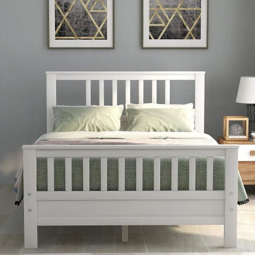 Miniatura 3 de MERITLINE Marco de cama matrimonial, marco de cama de madera con cabecero, no necesita somier (blanco, matrimonial)