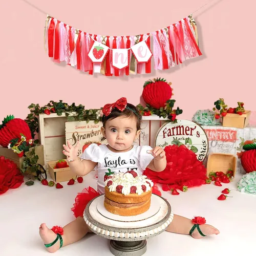 Miniatura 5 de Decoraciones de fiesta de fresa para primer cumpleaños, cartel de fresa para silla de bebé para accesorios de cabina de fotos y telón de fondo