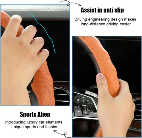 Miniatura 5 de Funda para Volante de Automóvil, Cuero Nappa de 15 Pulgadas Antideslizante y Ultra-Delgada, Protector de Volante de Vehículo 5D, Accesorios Naranja