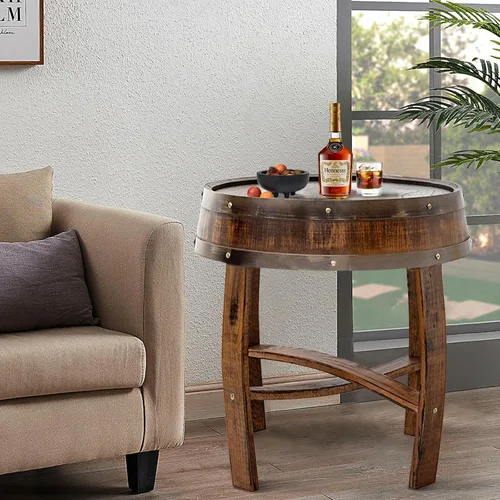 Miniatura 8 de Mesa de centro de granja, mesa auxiliar redonda rústica – Mesa auxiliar de madera maciza para sala de estar, mesa decorativa de barril de whisky
