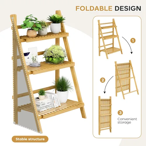 Miniatura 2 de OAKVIVO - Estantería de escalera plegable de 39.4", Estantería de bambú de 3 niveles, para macetas, estante de exhibición en forma de escalera