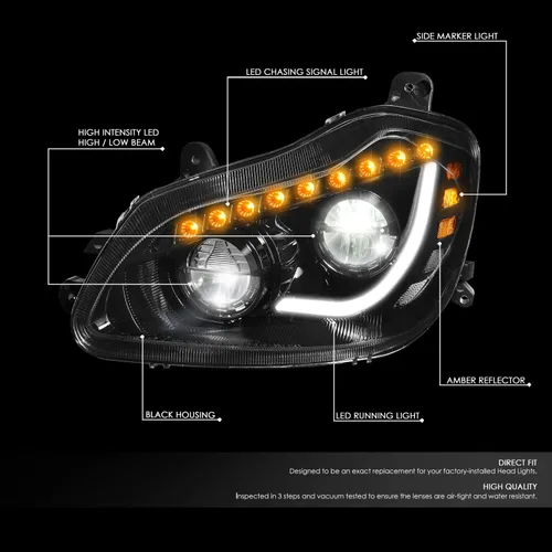 Miniatura 2 de DNA MOTORING HL-HAY-037-BK Par de Faros con LED DRL Secuencial de Señal de Giro con Reflector Compatible con Kenworth T680 13-21, Cromo/Negro