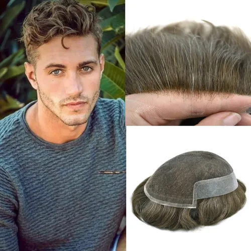 Miniatura 20 de Toupee para hombres sistemas de reemplazo de piel sintética con encaje suizo para hombre, nudos blanqueados, línea capilar natural para hombres