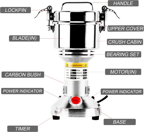 Miniatura 3 de DasMarine Molinillo eléctrico de grano de alta velocidad de 17.64 oz, molinillo de especias de acero inoxidable comercial con motor de 2500 W, malla