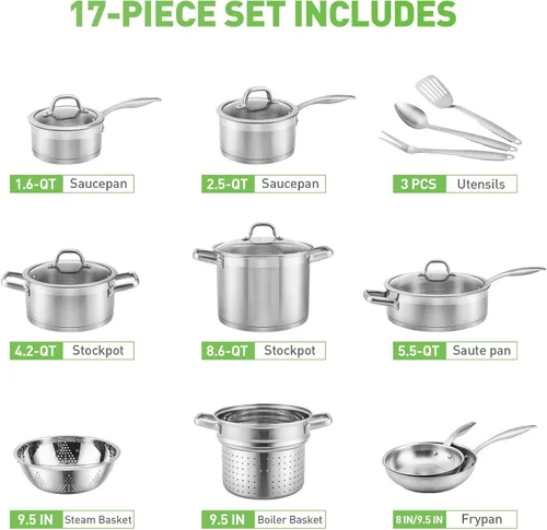 Miniatura 3 de Duxtop Juego Profesional de Ollas y Sartenes de Acero Inoxidable, Juego de 17 Piezas de Utensilios de Cocina de Inducción, Tecnología de Unión por