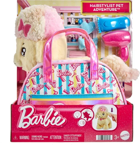 Miniatura 6 de Mattel Set de Juguetes de Peluche Barbie, Animal de Peluche Caniche Peluquero con Luces y Sonidos, Más Bolso Temático y 6 Accesorios, Aventura