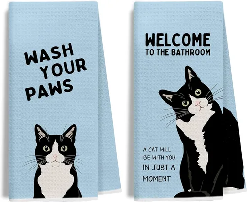 Miniatura 8 de Divertidas toallas de mano de baño con esmoquin rosa, decoración de baño para gato, toallas de mano de gatito blanco y negro para baño, 16 x 24