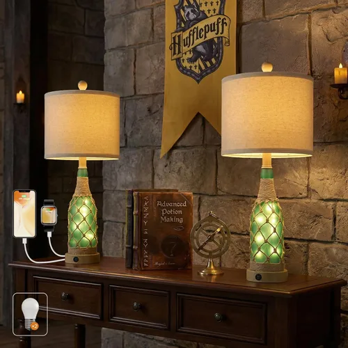 Miniatura 13 de OYEARS Juego de 2 lámparas de mesita de noche con USB, modernas lámparas de noche retro de cristal de ratán para dormitorio, sala de estar