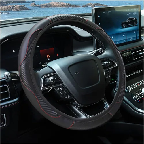Miniatura 2 de Funda para volante de automóvil, protector de volante elástico de cuero de fibra de carbono de 15 pulgadas, antideslizante, transpirable y suave