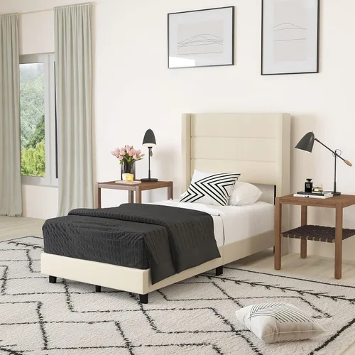 Miniatura 12 de Merrick Lane Percy - Cama de plataforma moderna, lino sintético beige, tamaño Queen, cabecero acolchado con respaldo con alas cosidas de canal