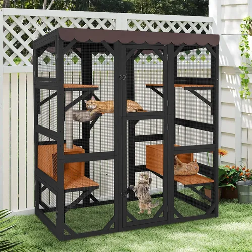 Miniatura 7 de Wooden Catio Outdoor Cat - Amplio condominio para gatos con 7 plataformas de escalada, 2 acogedoras casas de siestas, panel de ventana expandible