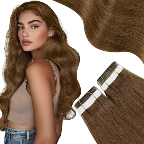 Miniatura 17 de Moresoo Extensiones adhesivas de cabello humano degradado, balayage, mezcla de marrón oscuro con extensiones de color marrón medio, extensiones