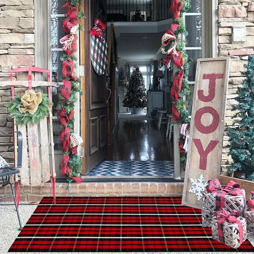 Miniatura 2 de Bottalive Alfombra de Navidad a Cuadros para Exteriores, 2' x 4'3'' Roja y Negra a Cuadros, Alfombra de Área para Interiores/Exteriores, Alfombra
