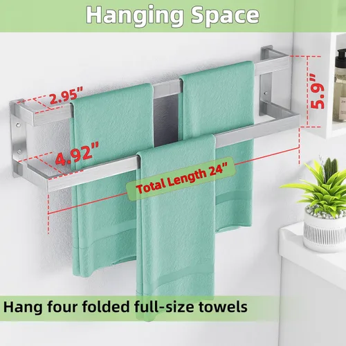 Miniatura 4 de Toallero doble, toallero de 24 pulgadas para baño montado en la pared, toallero de acero inoxidable, toallero doble para toallero para pared