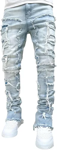 Kodaruber Jeans apilados para hombre, ajustados, rasgados, elásticos, desgastados, rectos, pantalones de mezclilla hip hop, ropa de calle