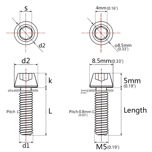 Miniatura 2 de Tornillos hexagonales de titanio M5x20mm con arandela Allen para vástago de bicicleta, paquete de 6 unidades (negro)