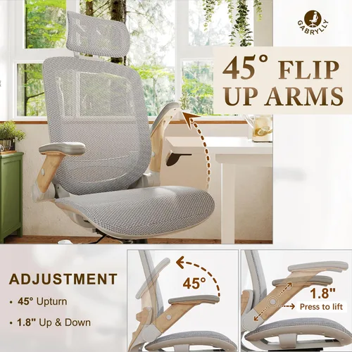 Miniatura 4 de GABRYLLY Silla de oficina ergonómica, Silla de escritorio de casa de respaldo alto con brazos abatibles, reposacabezas, inclinación de 90-120°