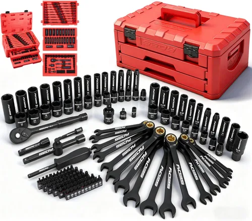 Juego de herramientas mecánicas premium de 132 piezas, juego de dados SAE/métrico de 1/4" y 3/8", llaves de trinquete, extensiones y adaptadores,