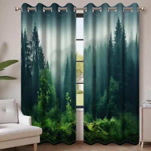 Miniatura 74 de AWERT Cortinas opacas para dormitorio, árbol negro con niebla, naturaleza, amanecer, bosque, 2 paneles para sala de estar, bloqueo de calor, 21 x 45