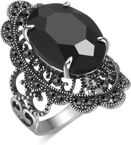 Anillos negros para mujer, anillo ancho vintage de ónix negro, anillo de moda para cóctel, anillos de cristal retro marcasita