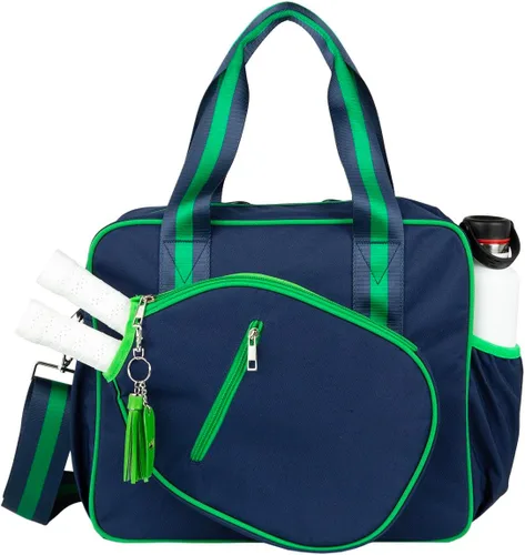 Miniatura 12 de Linda bolsa de pickleball Prepster para mujeres con gancho para cerca, bolso con bolsillos para botella de agua, palas, pelotas, accesorios