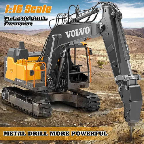 Miniatura 5 de Double E Volvo - Excavadora de control remoto a escala 1:16, juguete de construcción 3 en 1 de 17 canales con pala de metal, taladro, agarre