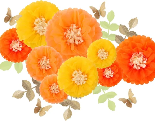 Fonder Mols Papel de seda con mariposas y hojas de olivo para bodas, baby shower, cuarto de bebé, decoración de fiestas y eventos, pompones Amarillo