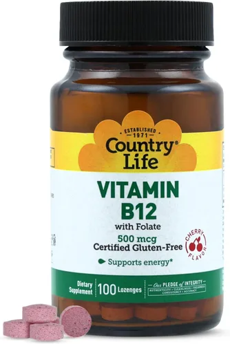 Country Life Vitamina B12 con folato, apoya la producción de energía y glóbulos rojos, 500 mcg, 100 pastillas, certificado sin gluten, vegano,