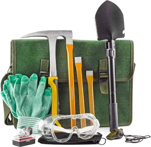 Esterno Rockhound & Rock - Kit de minería (Deluxe 15 piezas); el juego Rockhound incluye martillo, cinceles, bolsa de museta y accesorios