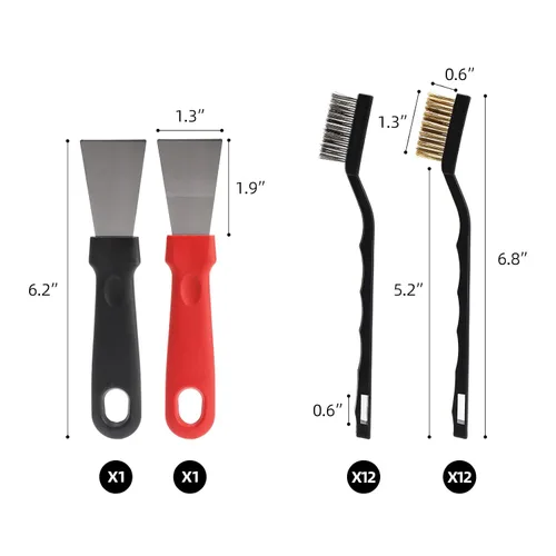 Miniatura 2 de 24 cepillos de alambre para raspar con 2 raspadores, mango curvado de acero inoxidable y cepillos de alambre de latón para limpiar escoria