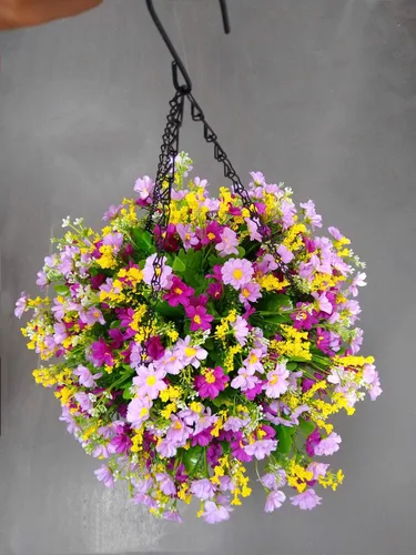 Miniatura 4 de Cesta colgante de cadena de flores de seda, maceta artificial de margaritas moradas, flores falsas (cesta mediana)