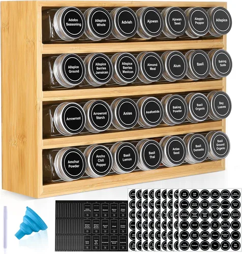 Organizador de especias de bambú con 28 tarros de especias, 780 etiquetas, estante colgante de madera de 4 niveles, marcador de tiza y juego de