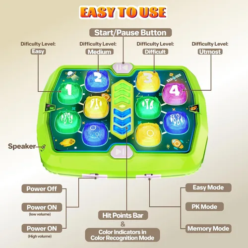 Miniatura 7 de Juego de Golpear Topos para niños pequeños, juguetes para niños y niñas de 3, 4, 5, 6 años, juguetes educativos interactivos de golpeo con 2 Verde