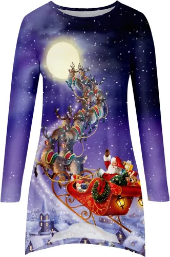 Miniatura 4 de Camisetas de manga larga para mujer, con estampado de Papá Noel, árbol de Navidad, Papá Noel, cuello redondo, túnica