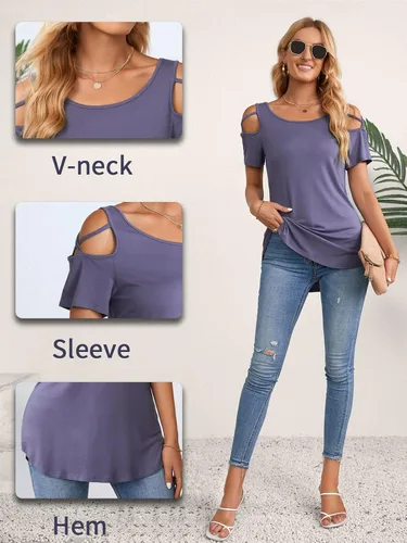 Miniatura 5 de NILOUFO - Blusas de verano para mujer manga corta tiras y hombros descubiertos