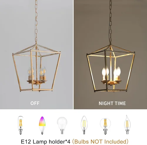 Miniatura 6 de Lámparas de Linterna Rústicas de Araña de 4 Luces, Lámparas Colgantes de Techo de Jaula en Negro y Oro, Lámparas Colgantes para Isla de Cocina