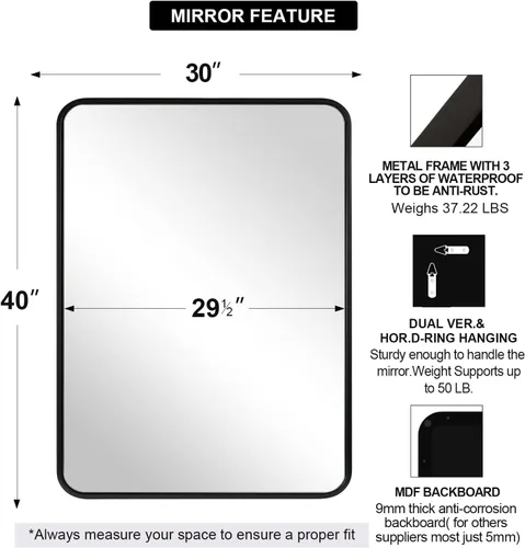 Miniatura 2 de ANDY STAR Espejo de baño negro para pared, espejos de 30 x 40 pulgadas para tocador, espejo rectangular redondeado, espejo con marco de metal negro