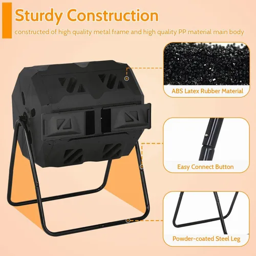 Miniatura 2 de Compostador de doble cámara para exteriores, cubo de compost de 43 galones, cubo de basura de compostaje de 360°, compostador sin BPA, giratorio