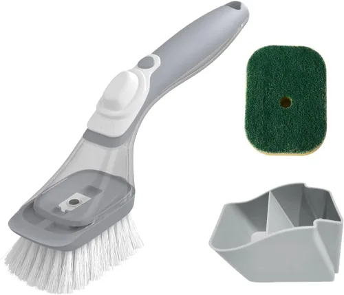 Miniatura 7 de CQT Juego de almacenamiento de cepillos para platos dispensadores de jabón, limpiador de platos con asa, cepillo de lavado de cocina para limpieza