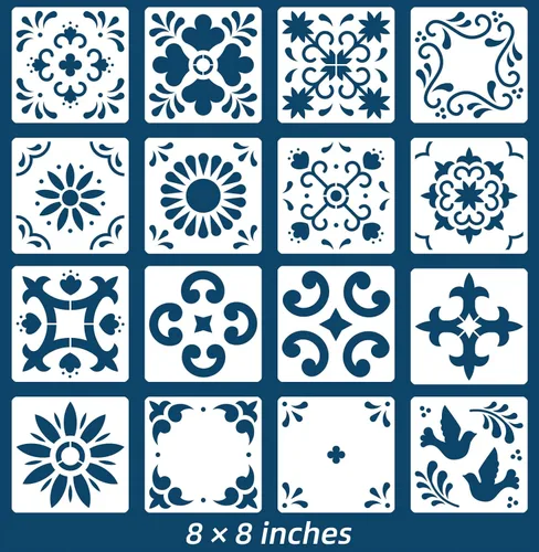 Miniatura 10 de Juego de 16 plantillas de azulejos (6 x 6 pulgadas), patrón de plantillas mexicanas, uso como plantillas de piso o plantillas de pared, plantillas