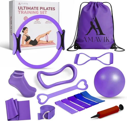 AMAVIK Kit de pilates de entrenamiento en casa de 14 piezas con bandas de resistencia, entrenador de núcleo, calcetines de agarre y accesorios, un